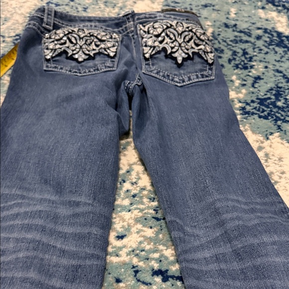 Miss Me Blue Denim Bootcut Jeans with Black & Silver Embroidered Pockets - Picture 8 of 9